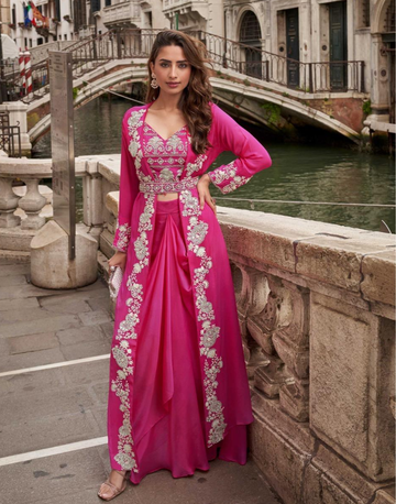 Pink Premium Chinon Viscose Jacquard Silk Set Embroidered Shrug, Mirror Work Blouse & Designer Palazzo for Festive Look - Buy