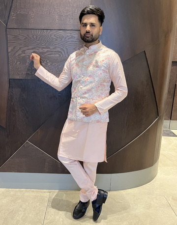 Peach Pure Cotton Mens Kurta Pyjama with Vibrant Jacquard Work & Stylish Koti Festive Ethnic Wear - Buy