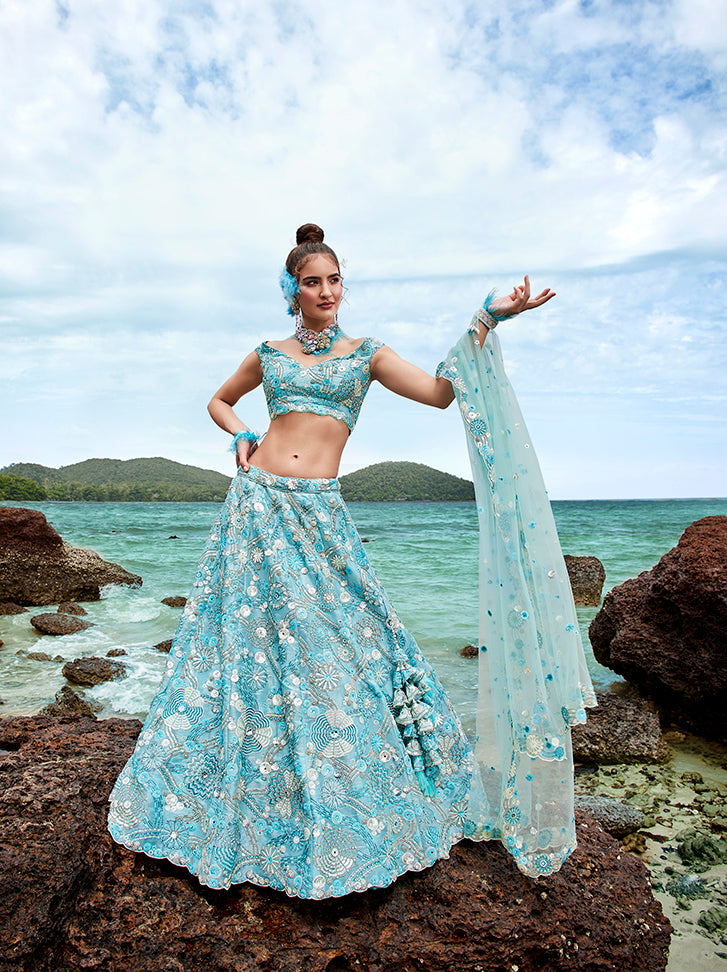 Sky blue Organza Sequins, Zarkan and thread embroidery Semi-Stitched Lehenga choli & Dupatta