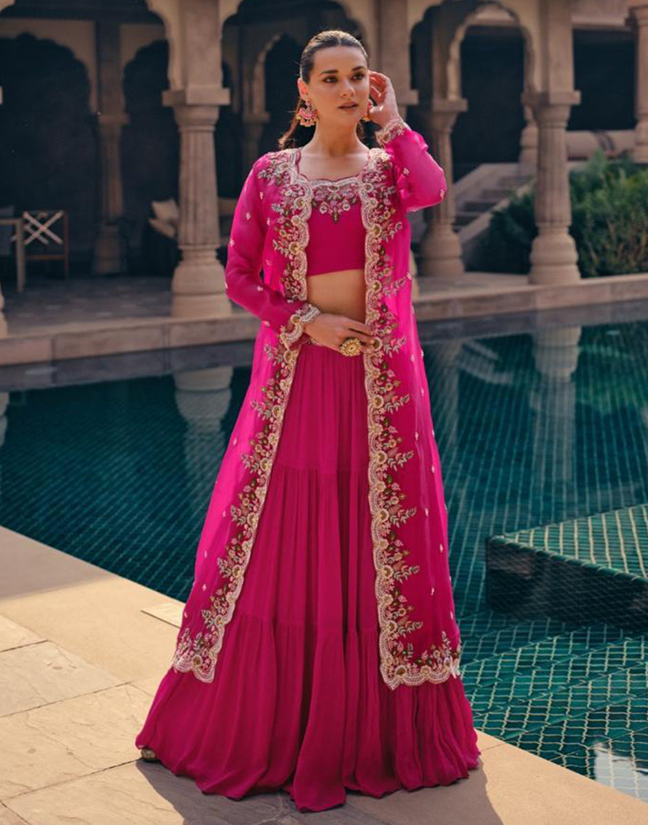 Elegant Pink Embroidered Chinon Silk Georgette Lehenga Blouse with Stylish Jacket