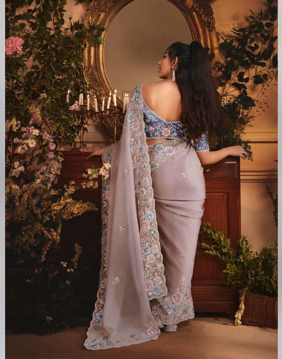 Designer Grey Organza Saree with All Over Butta Work & Heavy Stone Embellished Border - Buy