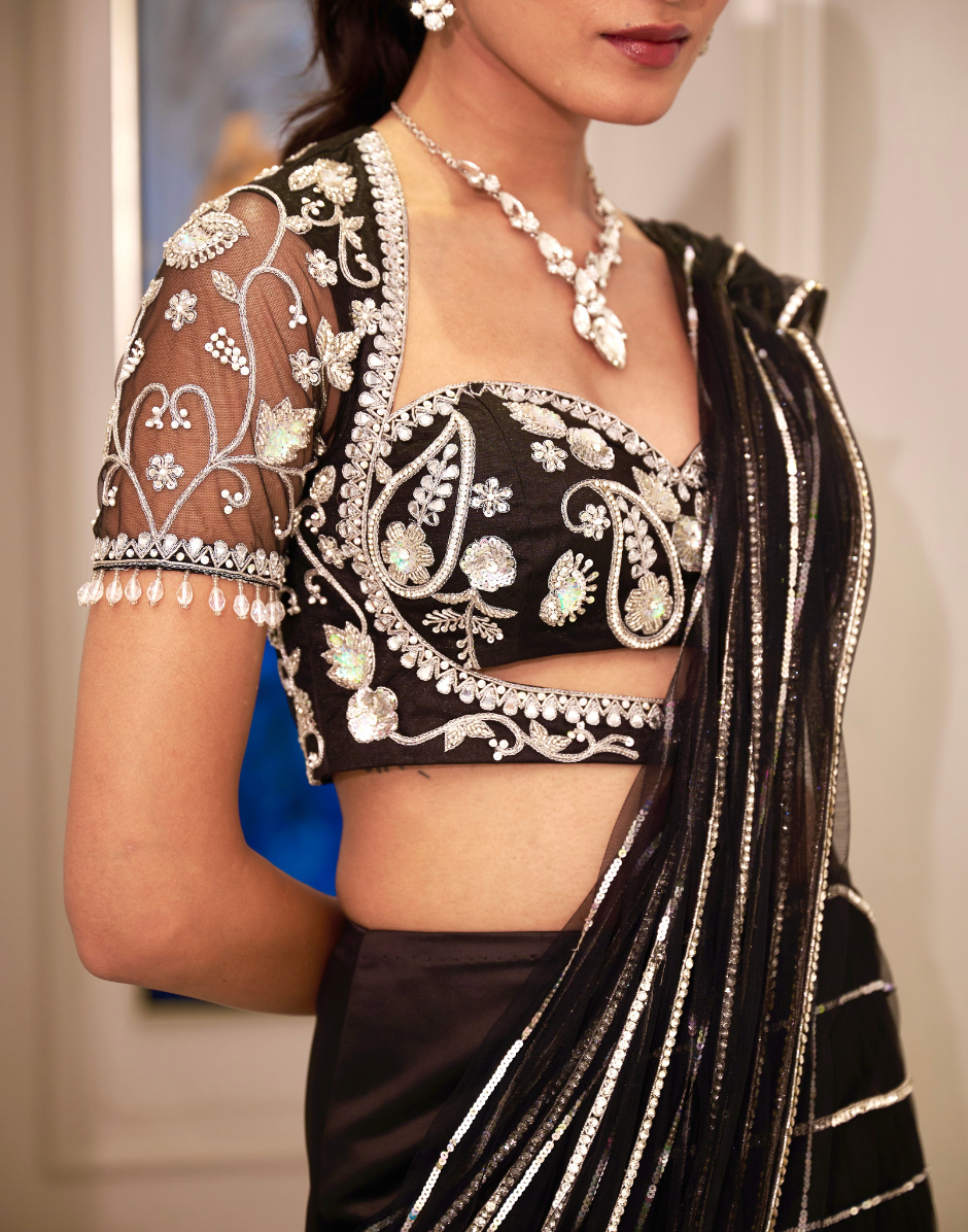 Statement Black Embellished Blouse with Tassel Sleeves & Satin Fishtail Skirt with Trail Perfect for Evening & Cocktail Events