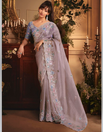 Designer Grey Organza Saree with All Over Butta Work & Heavy Stone Embellished Border - Buy