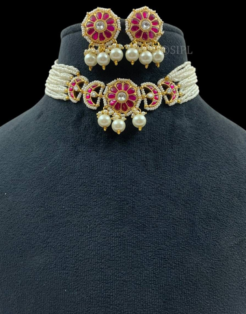 Handcrafted Red Kundan & Pearl Choker Set Ethnic Indian Jewelry with Earrings