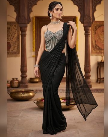Designer Sequins Embellished Ready-to-Wear Saree with Corset Blouse