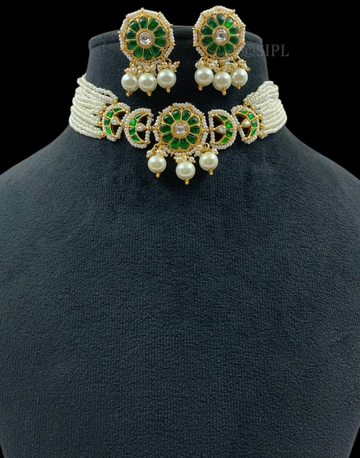 Elegant Green Kundan Pearl Choker Necklace Set with Earrings Traditional Indian Jewelry