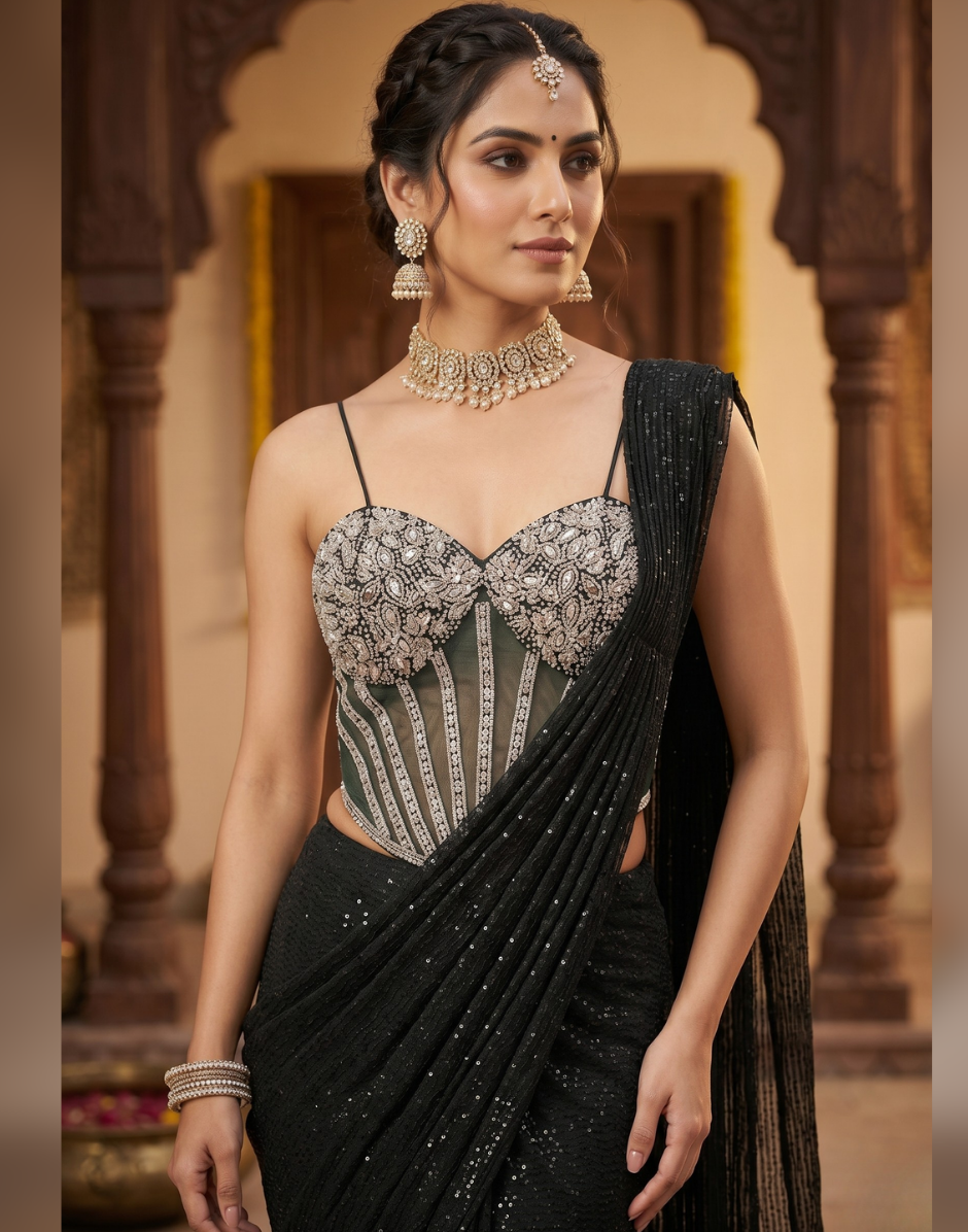 Designer Sequins Embellished Ready-to-Wear Saree with Corset Blouse
