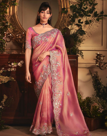 Glamorous Pink Organza Saree with All Over Butta Design & Heavy Embroidered Stone Border - Buy