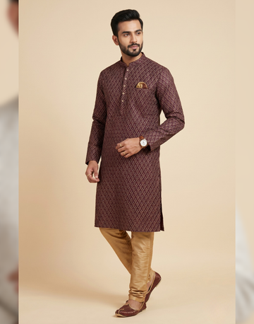 Rich Maroon Jacquard Kurta Pyjama Set for Men with Gold Detailing Festive & Wedding Wear