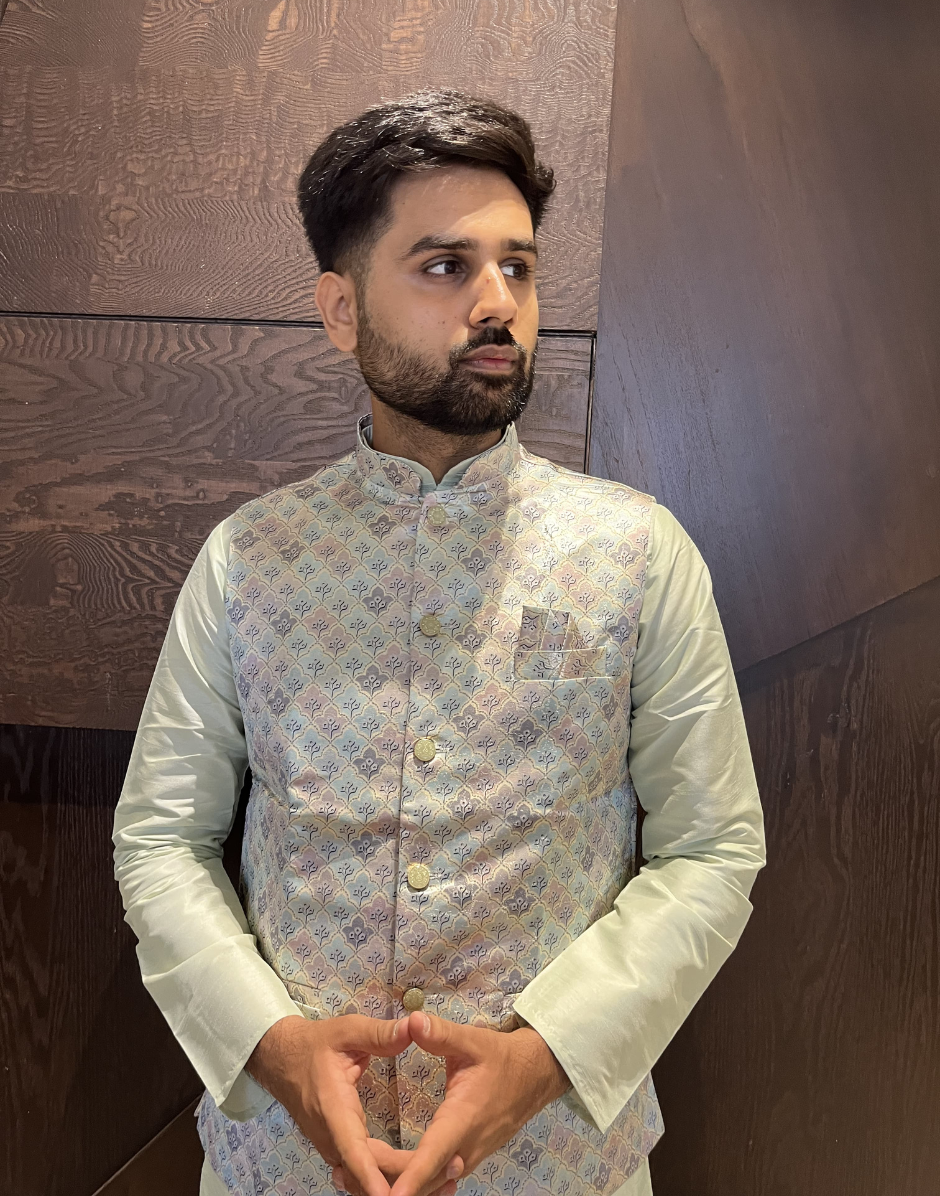 Cream Cotton Kurta Pyjama with Jacquard Woven Design & Matching Koti Festive Ethnic Wear - Buy