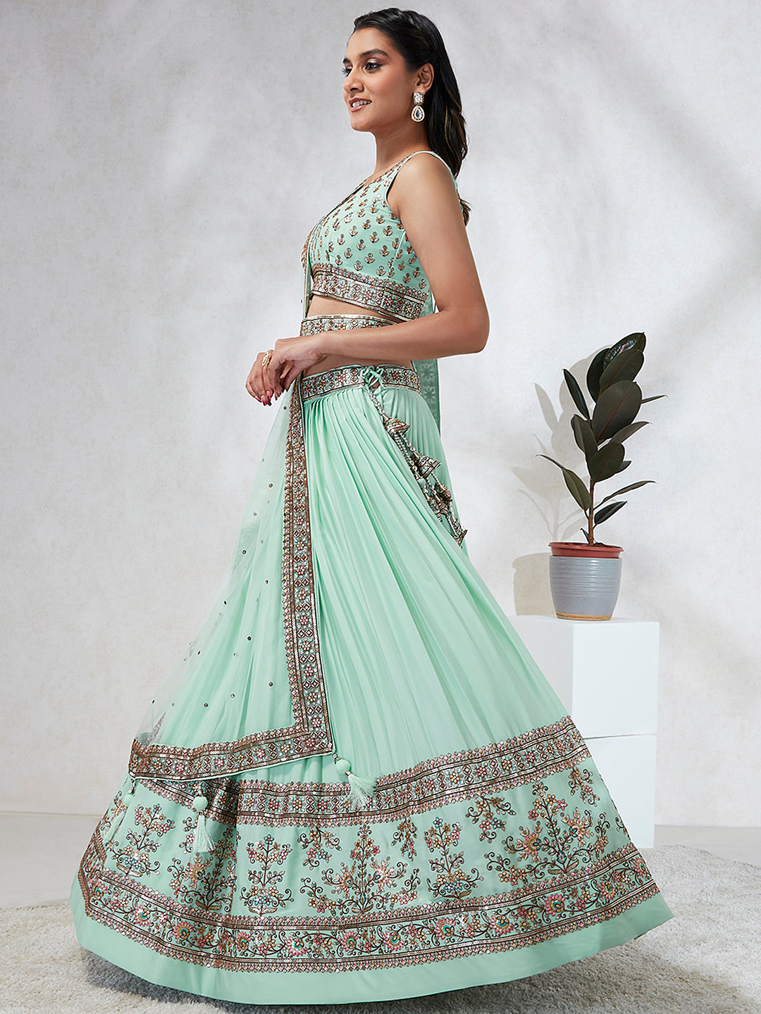 Elegant Sea Green Embroidered Sequin Lehenga Choli Set with Matching Dupatta