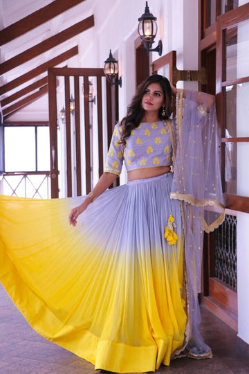 Purple And Yellow Beautiful Georgette Lehenga  - Rent