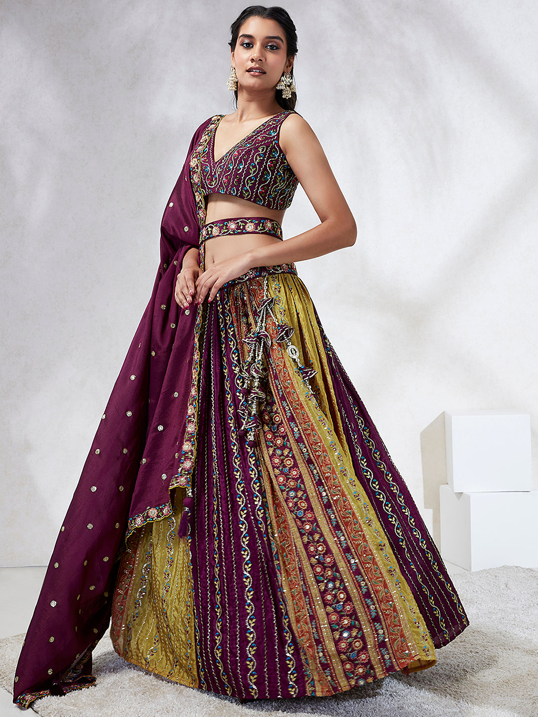 Stunning Wine Multicolor Embroidered Sequin Lehenga Choli Set with Matching Dupatta