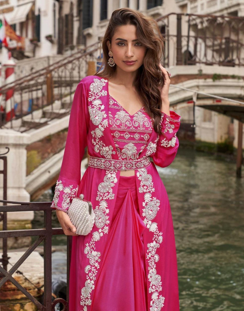 Pink Premium Chinon Viscose Jacquard Silk Set Embroidered Shrug, Mirror Work Blouse & Designer Palazzo for Festive Look - Buy
