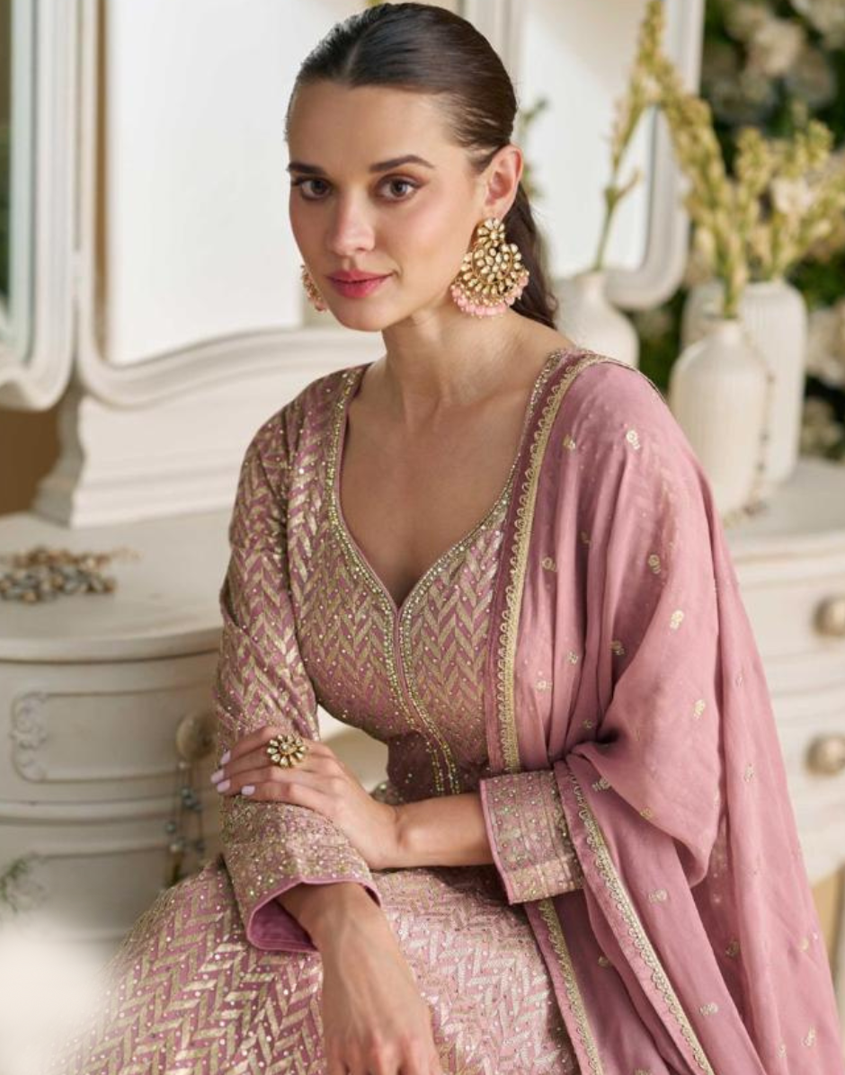 Chic Mauve Georgette Gown with Swarovski & Zarkan Embroidery Comes with Elegant Embroidered Dupatta - Buy