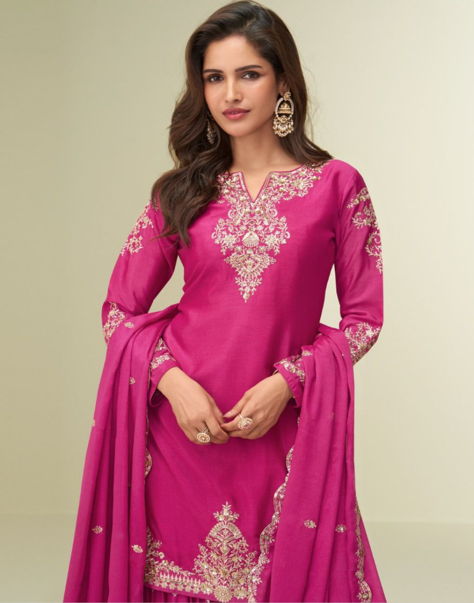 Traditional Pink Sharara Suit in Chinon Silk Gota Patti Embellished & Embroidered