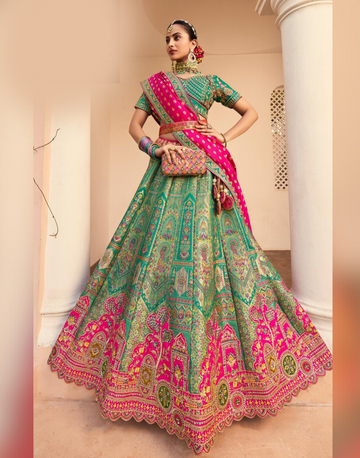 Glamorous Green Silk Lehenga for Weddings & Parties Zarkan Work with Belt & Latkan Finish - Buy