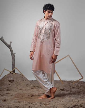 Graceful in Blush Foil Print Art Silk Kurta Pyjama Set for Traditional Events - Buy