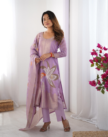 Graceful Purple Chanderi Silk Outfit with Jacquard Detailing & Floral Design