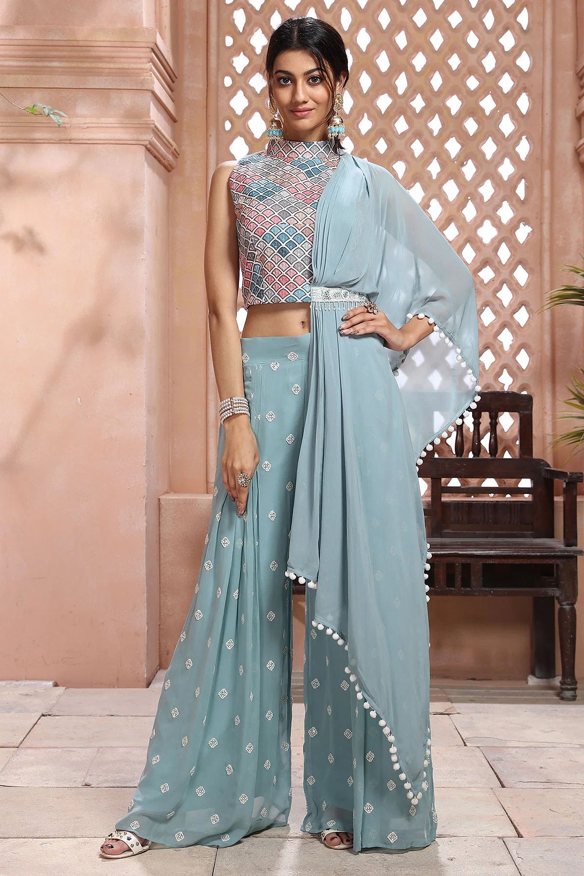 Powder Blue Palazzo And Top Set - Rent