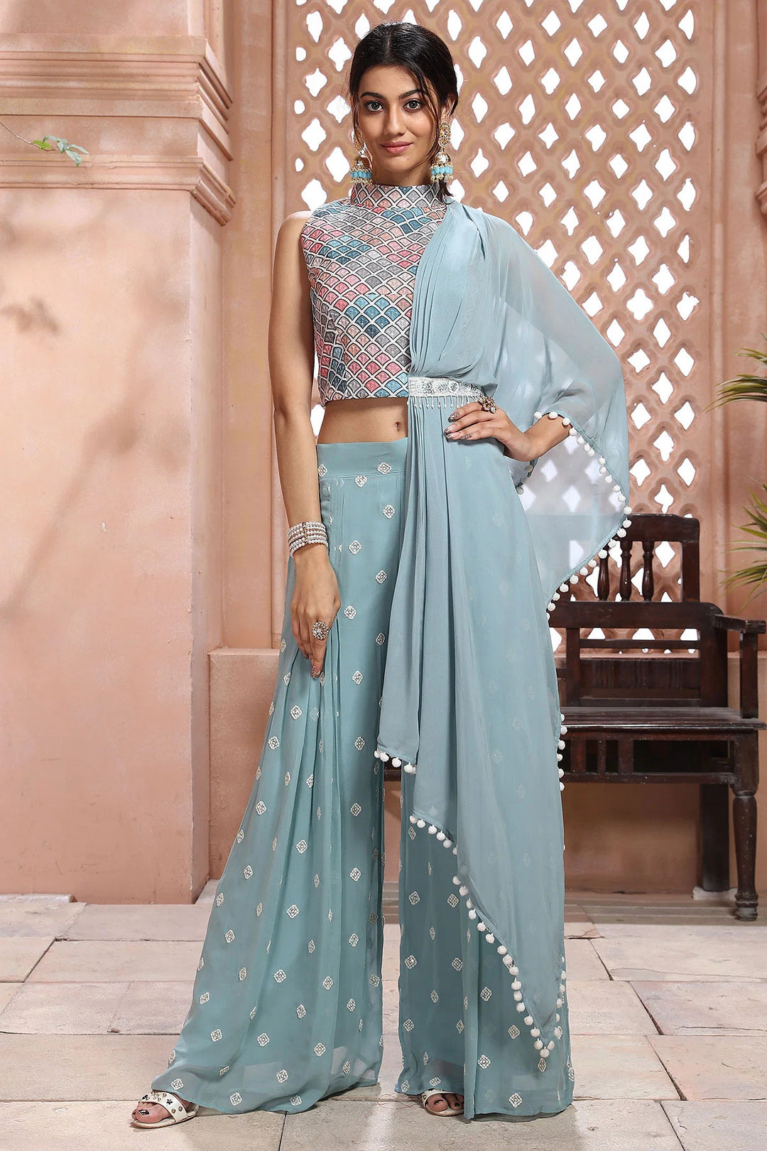 Blue Jacket With Crop Top, Flared Palazzo And Belt - S  Crop top outfits  indian, Plazo outfits, Crop top with jeans