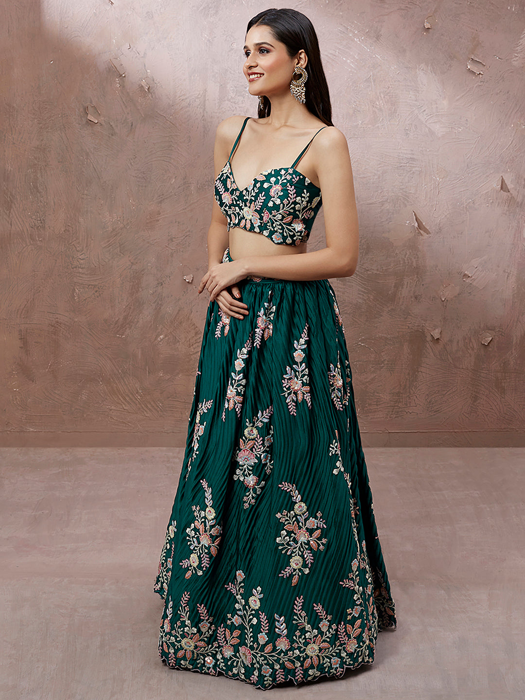 Teal Pure Georgette Thread & Sequins Work  Lehenga - Rent