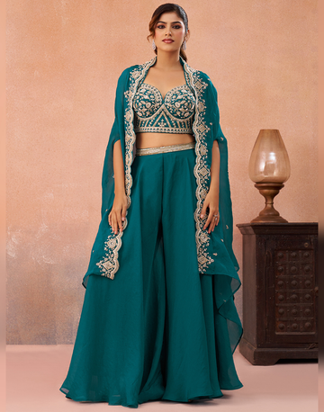 Glamorous Teal Blue Pink Beaded Organza Ensemble with Flared Cape & Palazzo