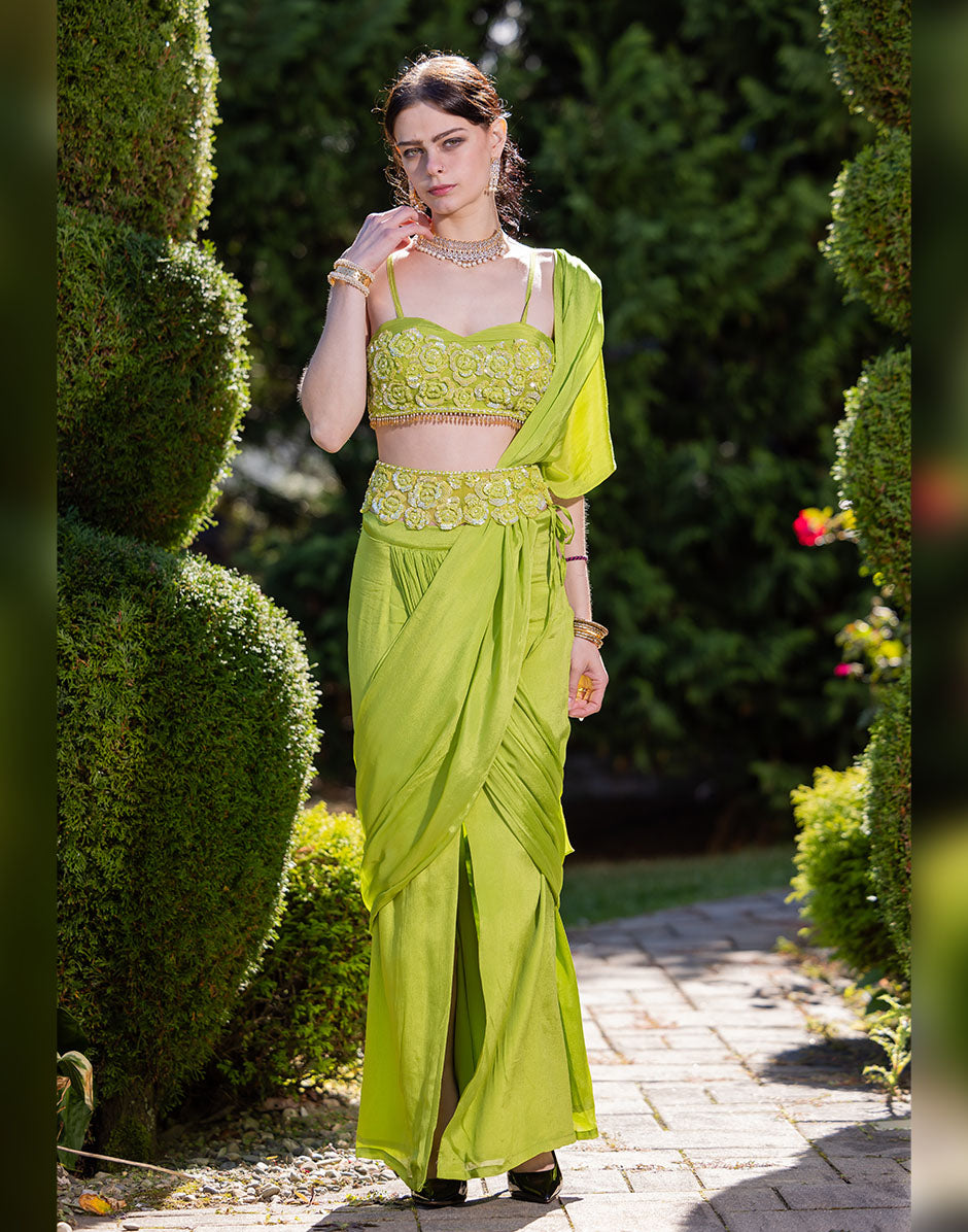 Elegant Green Embellished Crop Top with Coordinating Bottom and Attached Dupatta