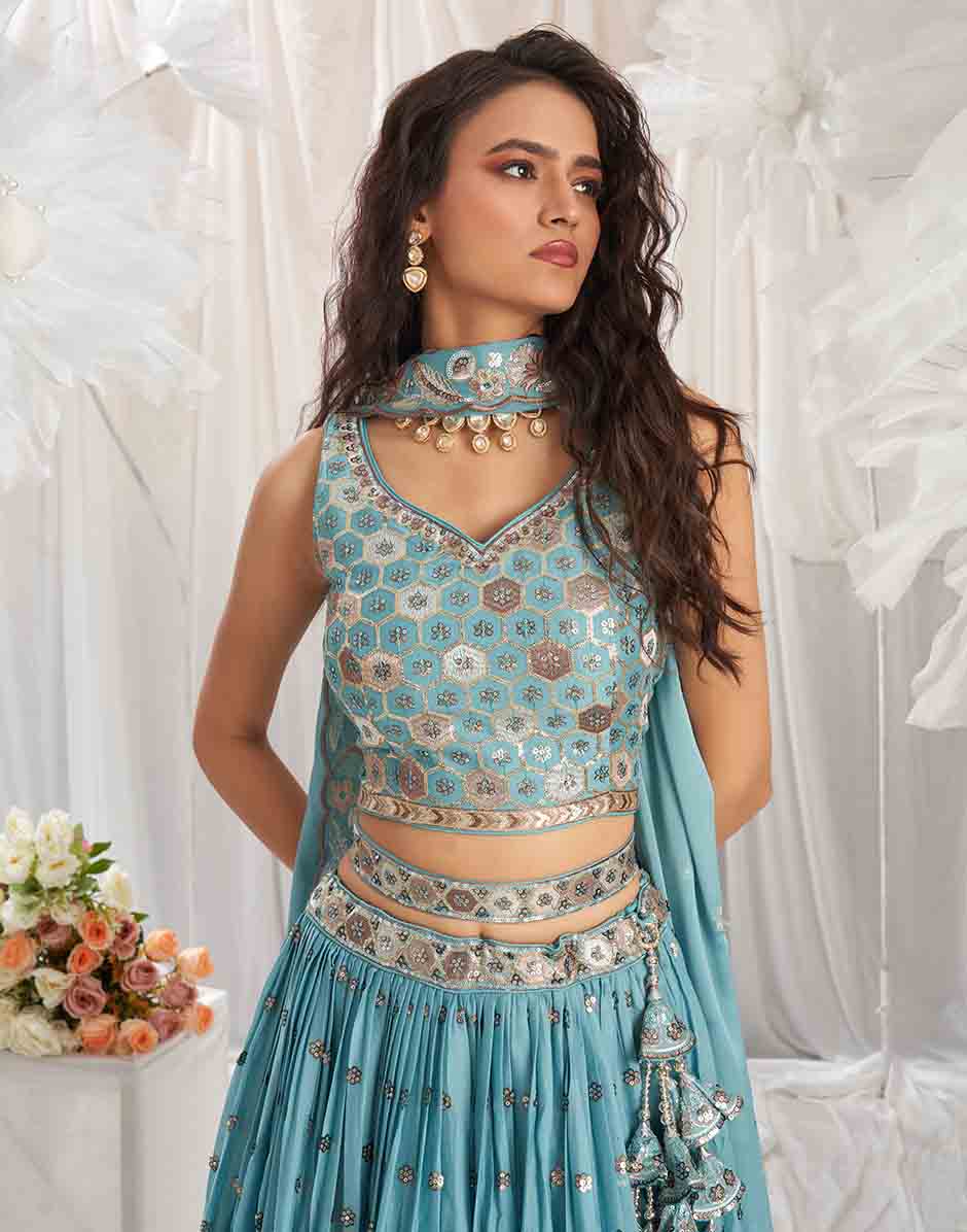 Turquoise Blue Georgette Sequin Embroidery Semi-Stitched Lehenga Choli & Dupatta