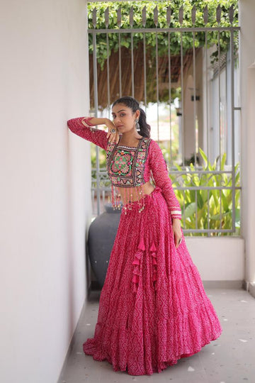 Pink Georgette Bandhni Print Work Lehenga for Navratri  - Rent
