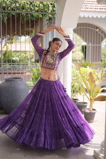 Purple Georgette Bandhni Print Work Lehenga for Navratri  - Rent