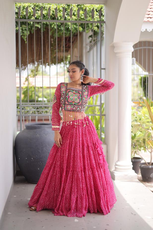 Pink Georgette Bandhni Print Work Lehenga for Navratri  - Rent