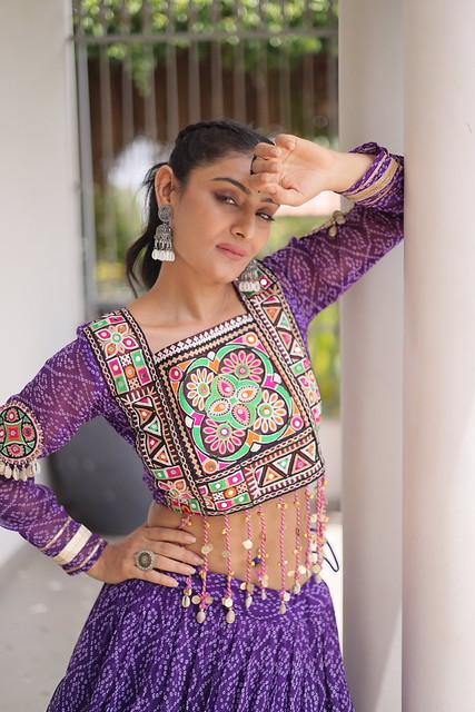 Purple Georgette Bandhni Print Work Lehenga for Navratri  - Rent
