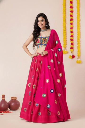 Pink Mirror and thread Embroidery Lehenga for Navratri  - Rent