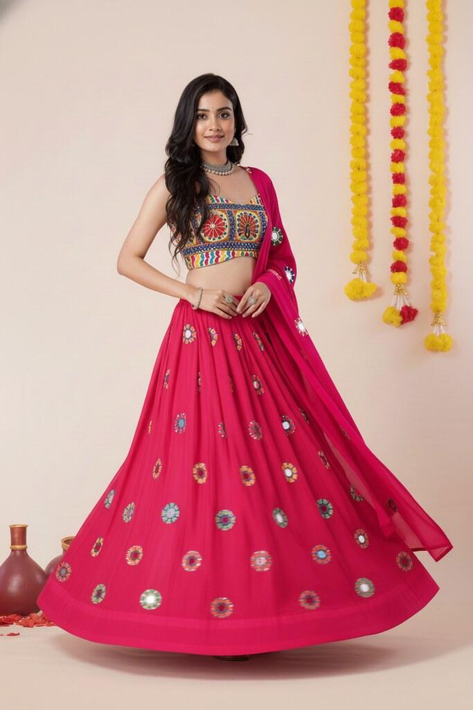 Pink Mirror and thread Embroidery Lehenga for Navratri  - Rent