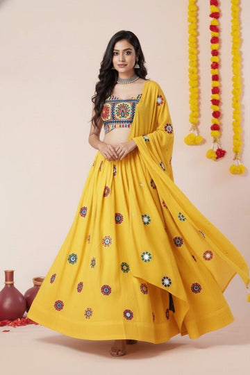 Yellow Mirror and thread Embroidery Lehenga for Navratri  - Rent