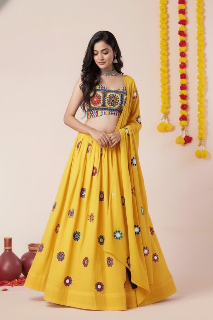 Yellow Mirror and thread Embroidery Lehenga for Navratri  - Rent