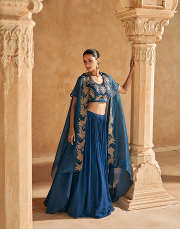 Teal Sayuri Designer Chinnon Silk Handwork Blouse Lehenga and Jacket- Rent