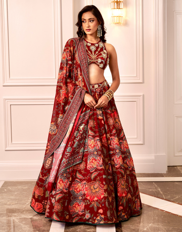 Boho-Inspired Maroon Blouse with Floral Georgette Lehenga & Printed Dupatta Vibrant Festive Co-Ord Set