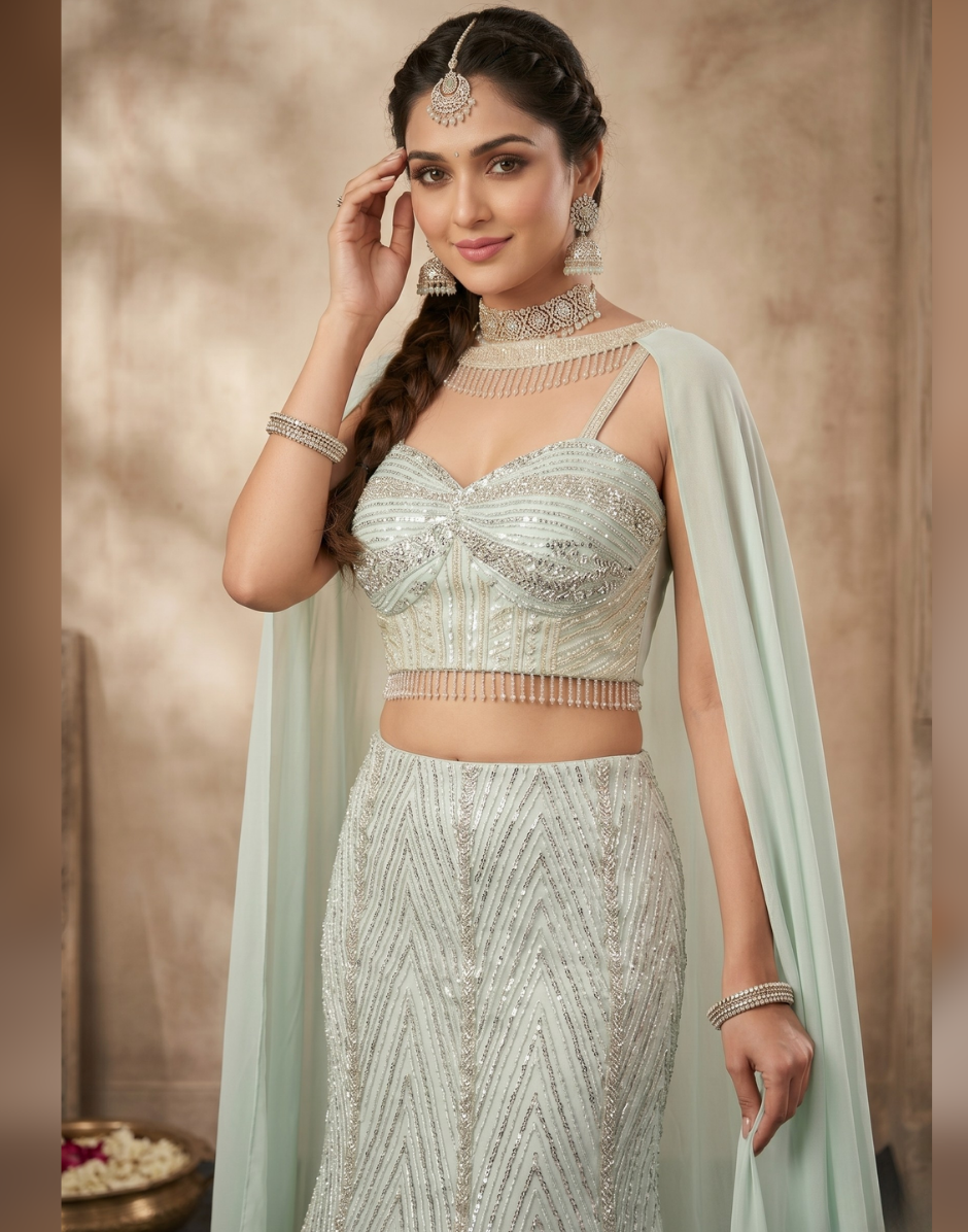 Mint Green Sequins Embroidered Designer Lehenga Choli with Cape Dupatta