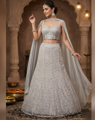 Silver Grey Sequins Embroidered Designer Lehenga Choli with Cape Dupatta