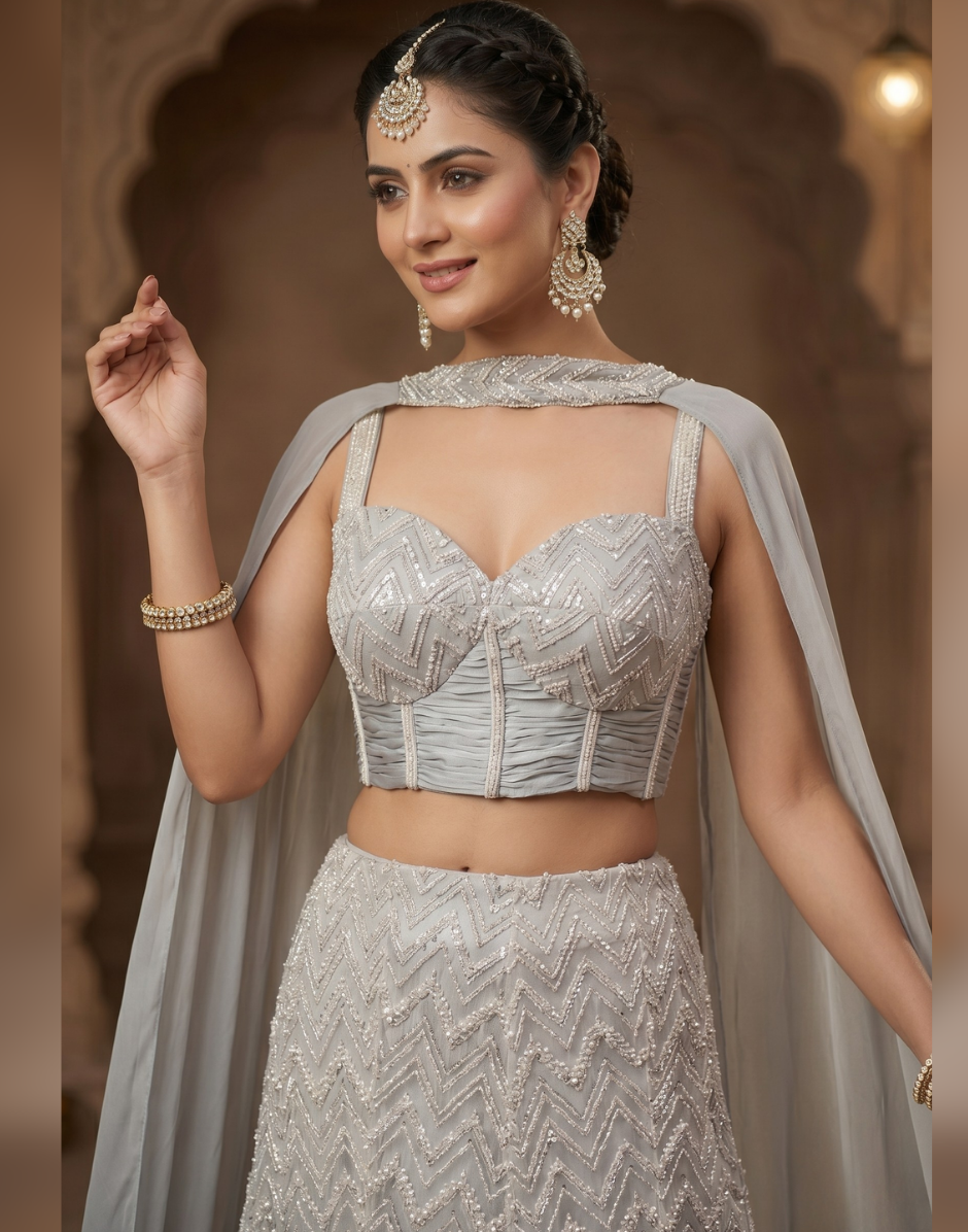 Silver Grey Sequins Embroidered Designer Lehenga Choli with Cape Dupatta