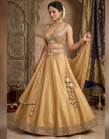 Royal Champagne Gold Mirror Embroidered Lehenga Choli Set with Dupatta