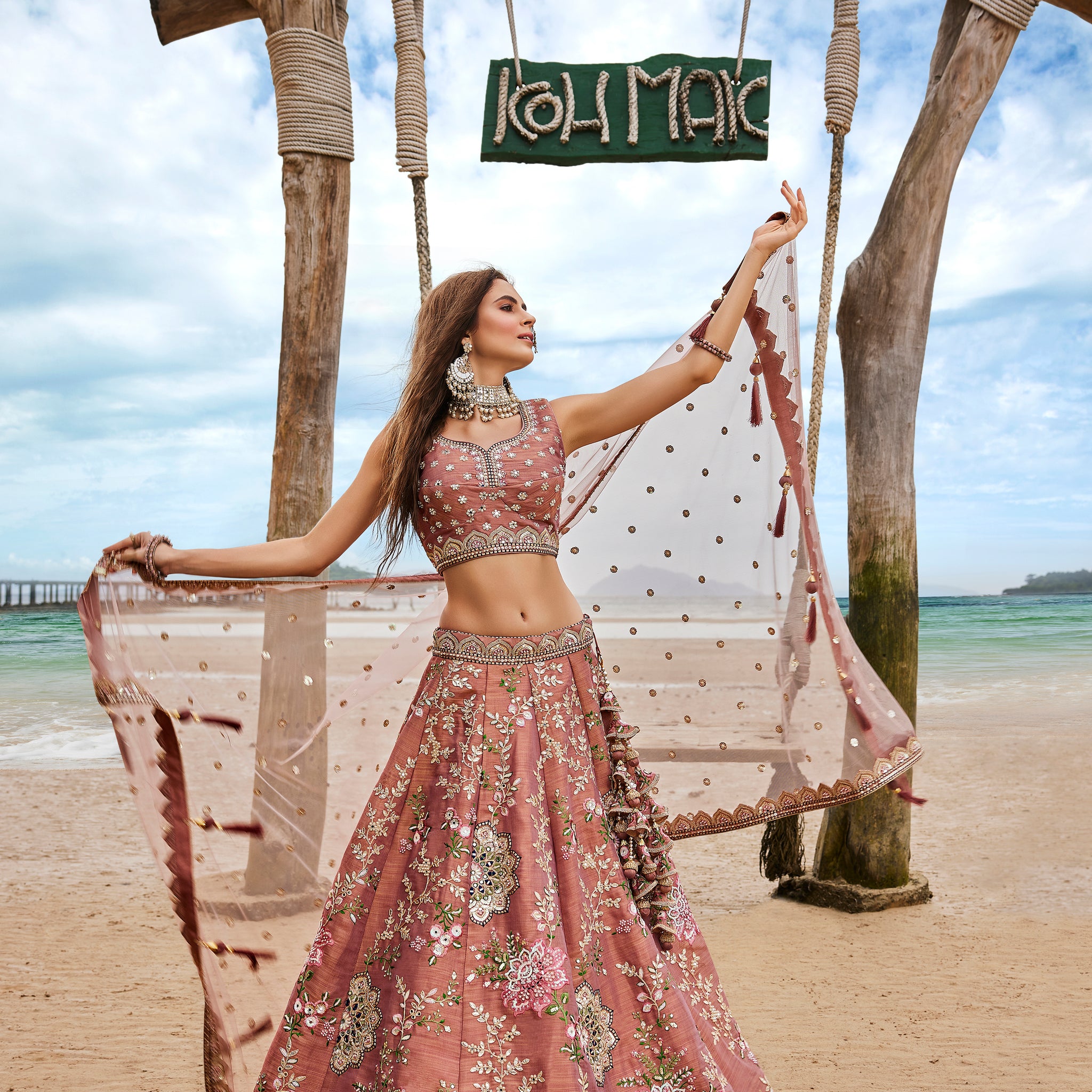 Rosegold With Full Net Dupata Colored Lehenga: Timeless Elegance for Every Celebration - Rent