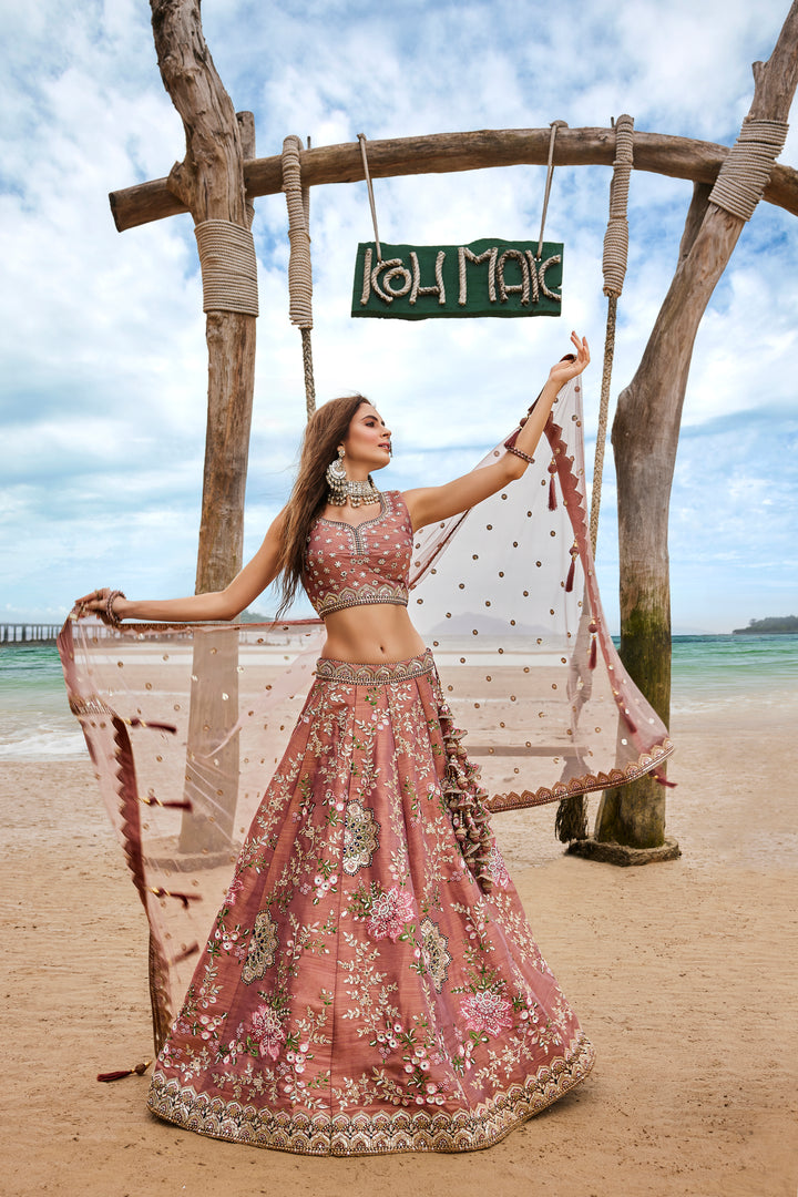 Rosegold With Full Net Dupata Colored Lehenga: Timeless Elegance for Every Celebration - Rent