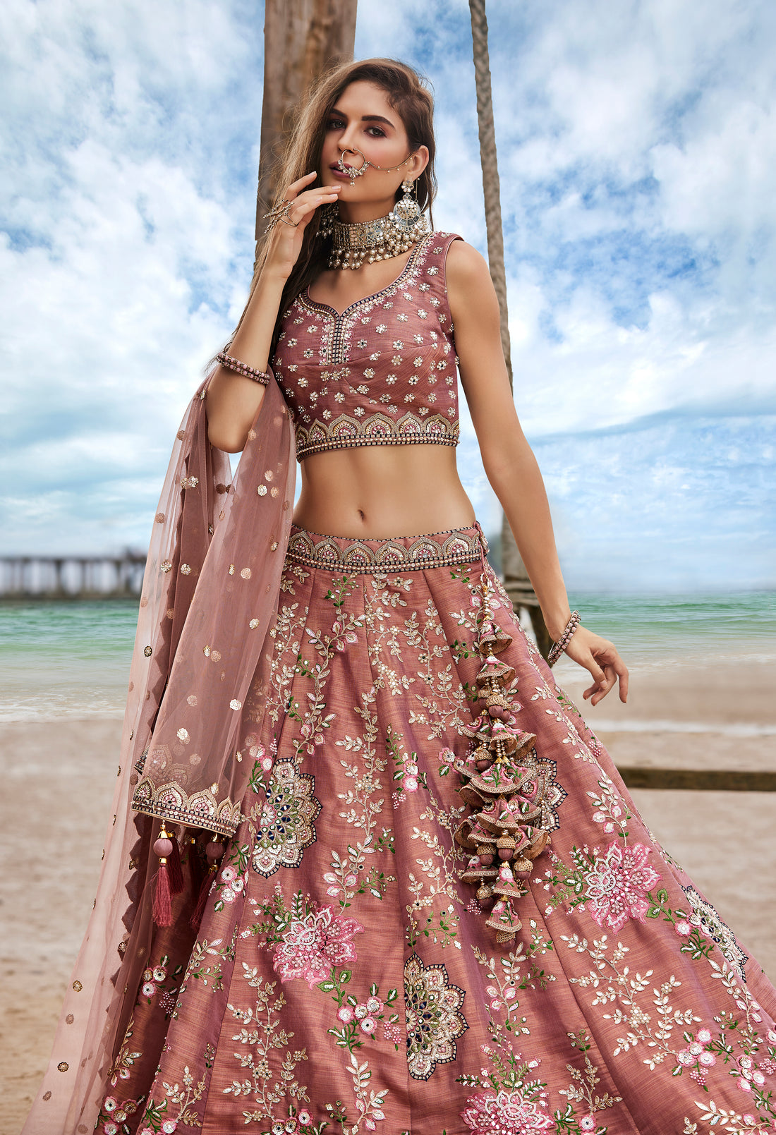 Rosegold With Full Net Dupata Colored Lehenga: Timeless Elegance for Every Celebration - Rent