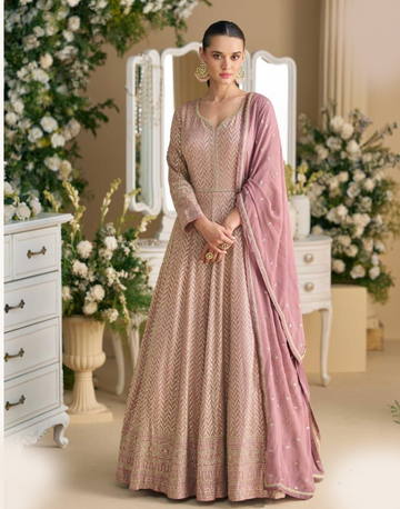 Chic Mauve Georgette Gown with Swarovski & Zarkan Embroidery Comes with Elegant Embroidered Dupatta - Buy