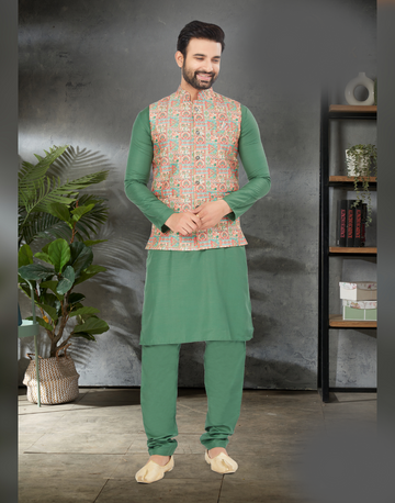 Men’s Green Kurta Pajama with Digital Print & Jacket Perfect for Festive Wear