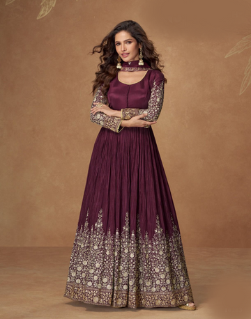 Stunning Maroon Anarkali in Chinnon Silk with Sequins Embroidery Includes Matching Dupatta
