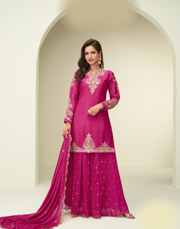 Traditional Pink Sharara Suit in Chinon Silk Gota Patti Embellished & Embroidered